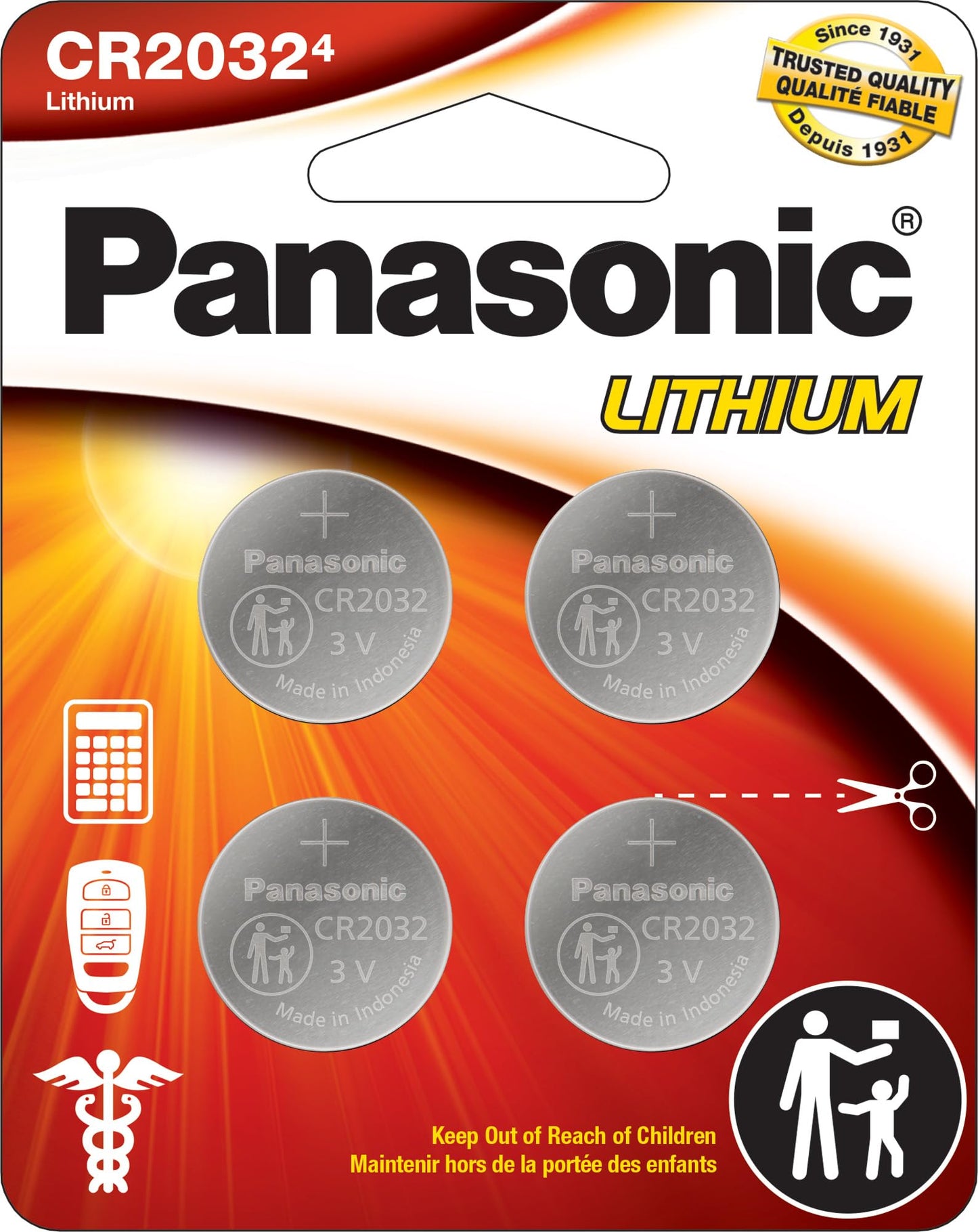 Panasonic CR2032 3.0 Volt Long Lasting Lithium Coin Cell Batteries in Child Resistant, Standards Based Packaging, 4-Battery Pack