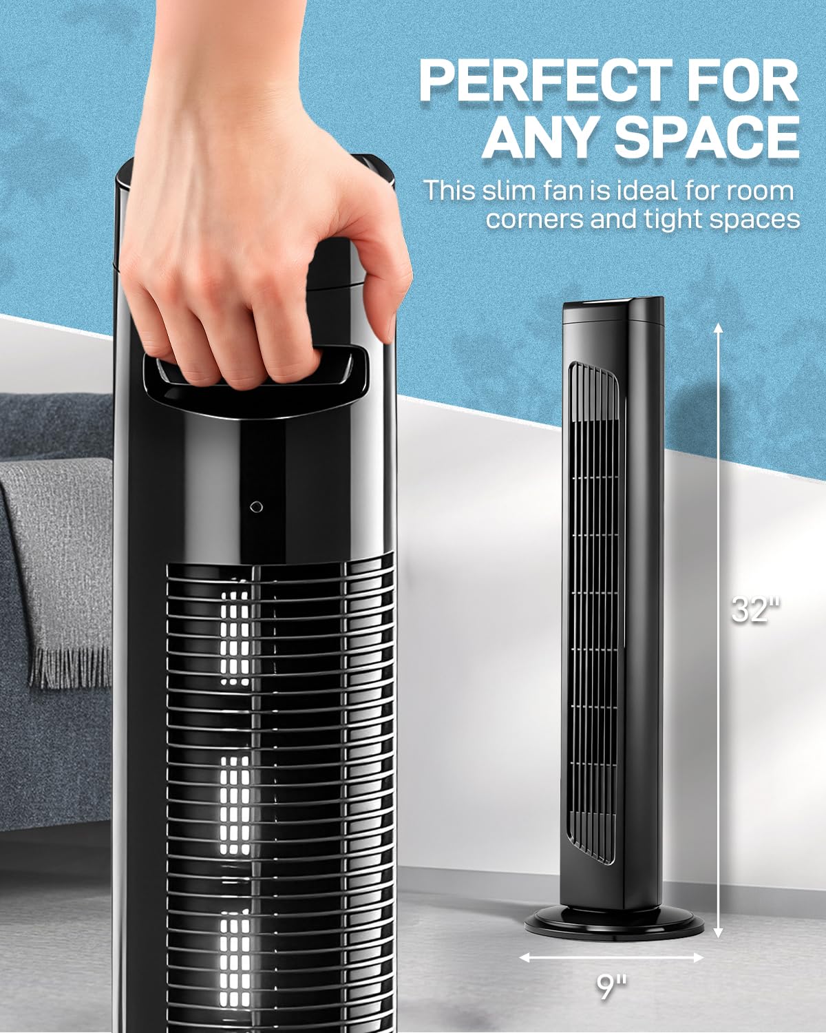 Pinikuyiro 32" Black Bladeless Tower Fan for Cooling for Home Office Bedroom, Ultra-Quiet, Portable Floor Fan with Remote Control, Adjustable 90°