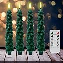 4 Pcs Christmas Tree Candles Decorations, Christmas LED Flameless Taper Candle with Remote Timer, Real Waxy Green Window Candle 3D Flame Wick for Home