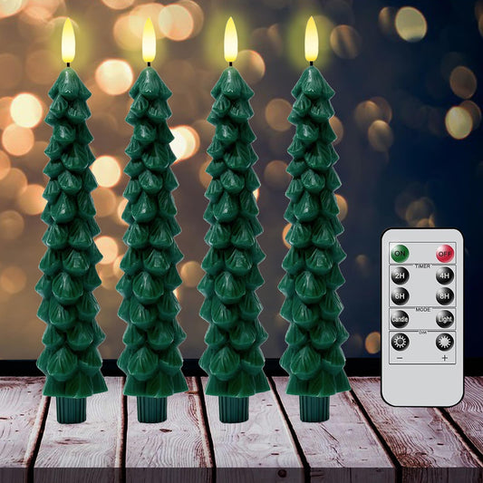 4 Pcs Christmas Tree Candles Decorations, Christmas LED Flameless Taper Candle with Remote Timer, Real Waxy Green Window Candle 3D Flame Wick for Home