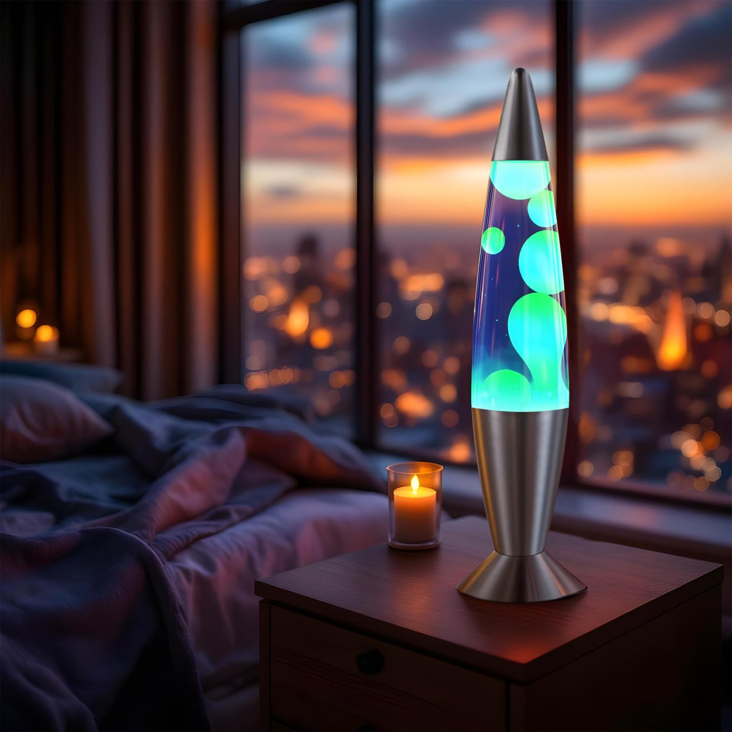 JAMBO 16" Beautiful Lamp- Blue with Yellow/Green Wax, Relaxing Liquid Light, Night Light Nightlight, Home Decor Living Room Office Bedroom Lamp