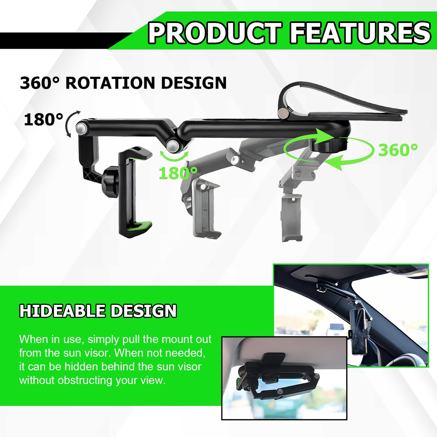 Sun Visor Car Phone Holder,1080 Multifunctional Sun Visor 360° Rotating Cell Phone Holder,Retractable Sunvisor Phone Holder for Car,Foldable Sunvisor