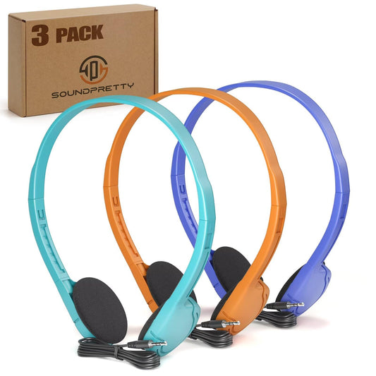 SP SOUNDPRETTY 3 Pack Bulk Headphones for School, Classroom, Students - On Ear with 3.5mm Jack, 4ft Tangle Free Cable, 3 Colors - Compatible…