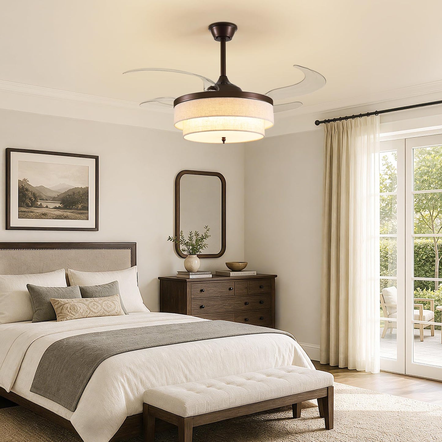 CROSSIO 48" Brown Modern Ceiling Fans with Lights Boho Fandelier Retractable Ceiling Fan Light Dimmable Fabric Chandelier Fan for Living Room Dining