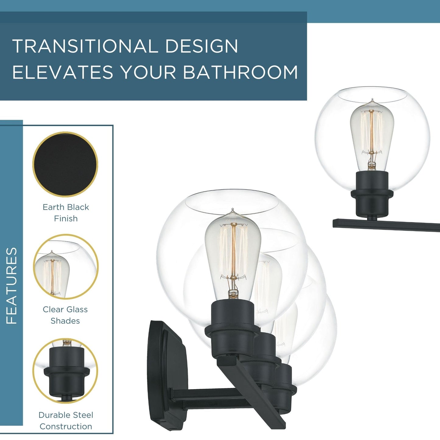 Quoizel Pruitt Transitional Vanity Lights, 26.25 Inch 3-Light Matte Black Bathroom Lighting Fixtures Over Mirror, Wall Mount Light for Bathroom