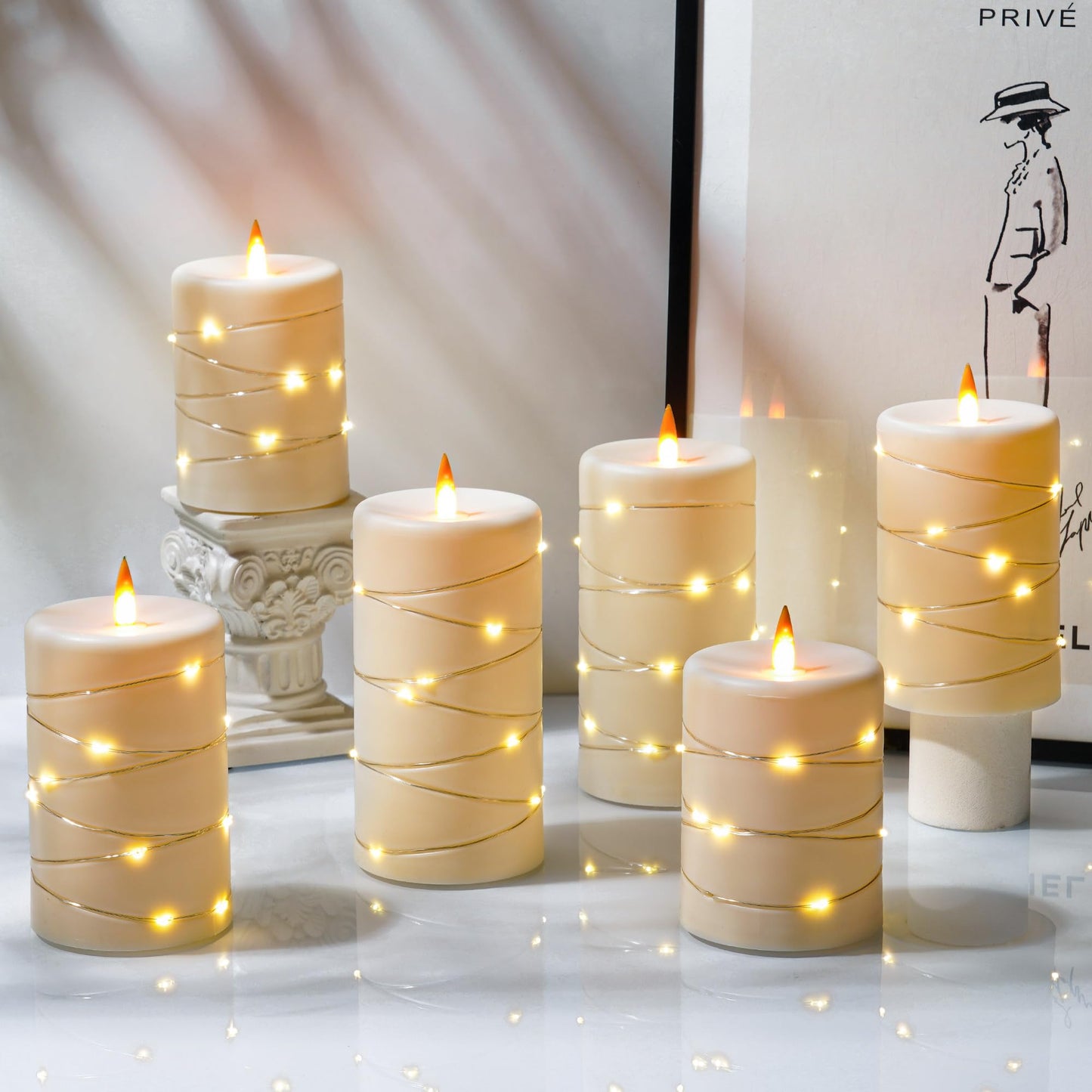 Upinmz Flickering Flameless Candles with String Lights, Battery Operated Candle, LED Candles Unbreakable Acrylic Candles with Remote Control and Timer