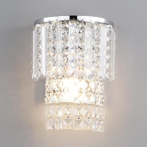 Pathson Modern K9 Crystal Wall Sconce Hardwired, Chrome Finish Wall Light Fixture, Acrylic Crystal Drops Wall Lamp for Bedroom Living Room