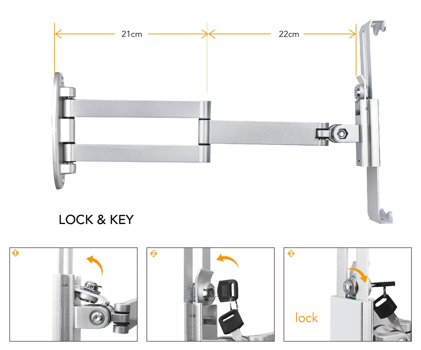 WeSTRUGGLE Tablet Wall Mount Holder with fold,Extend Adjustable Arm Swivel &Anti Theft Security Lock &Key, Multi Angle,Bracket for Most 7 to10.8