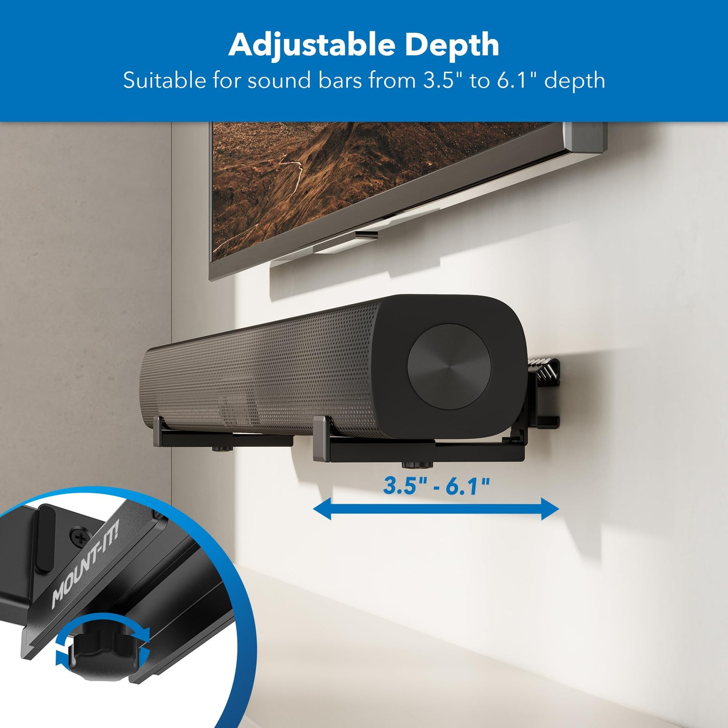 Mount-It! No Stud Sound Bar Wall Mount, Studless Soundbar Mounting Brackets for Drywall, Adjustable Depth Works with All Soundbars up to 6.1 inch