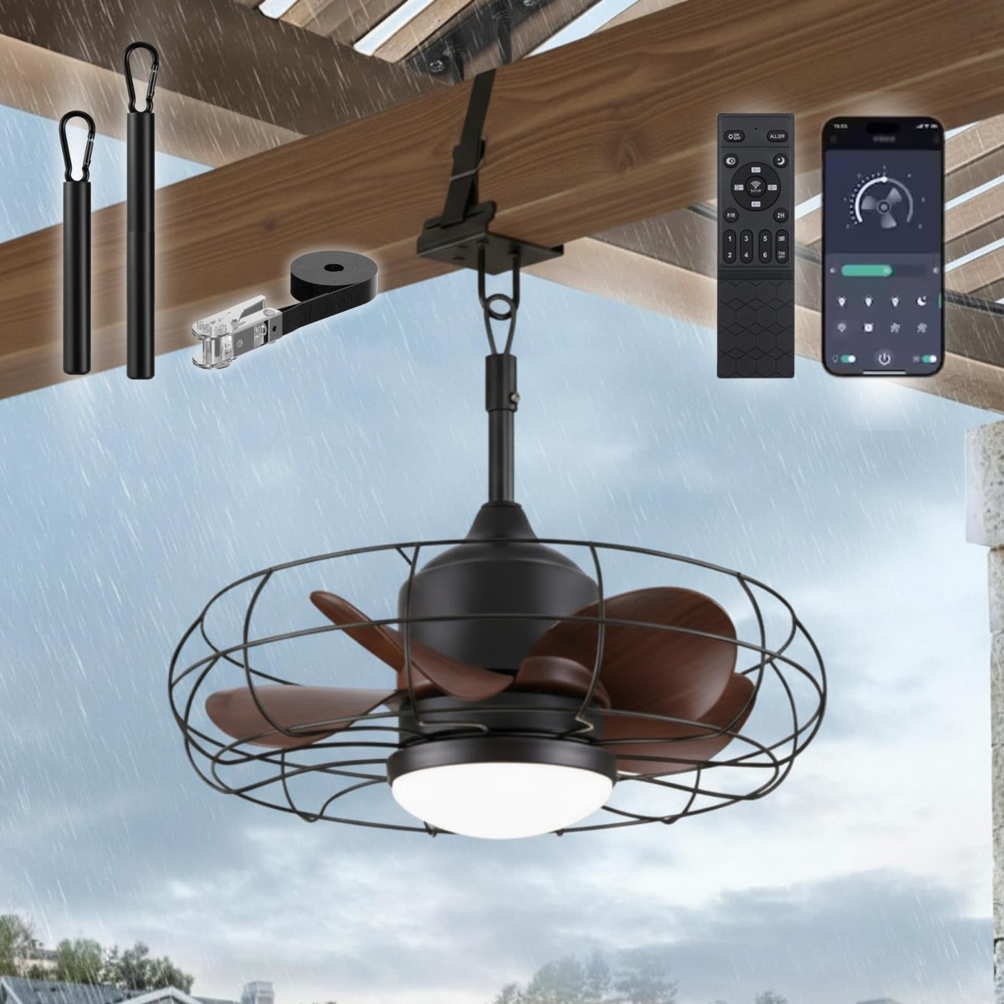 CondoMounts ZeboZap ZZFANC201B 20" Outdoor Ceiling Fan with Lights for Patios, Gazebo and Pergola. Plug in Gazebo Ceiling Fan with Remote Control
