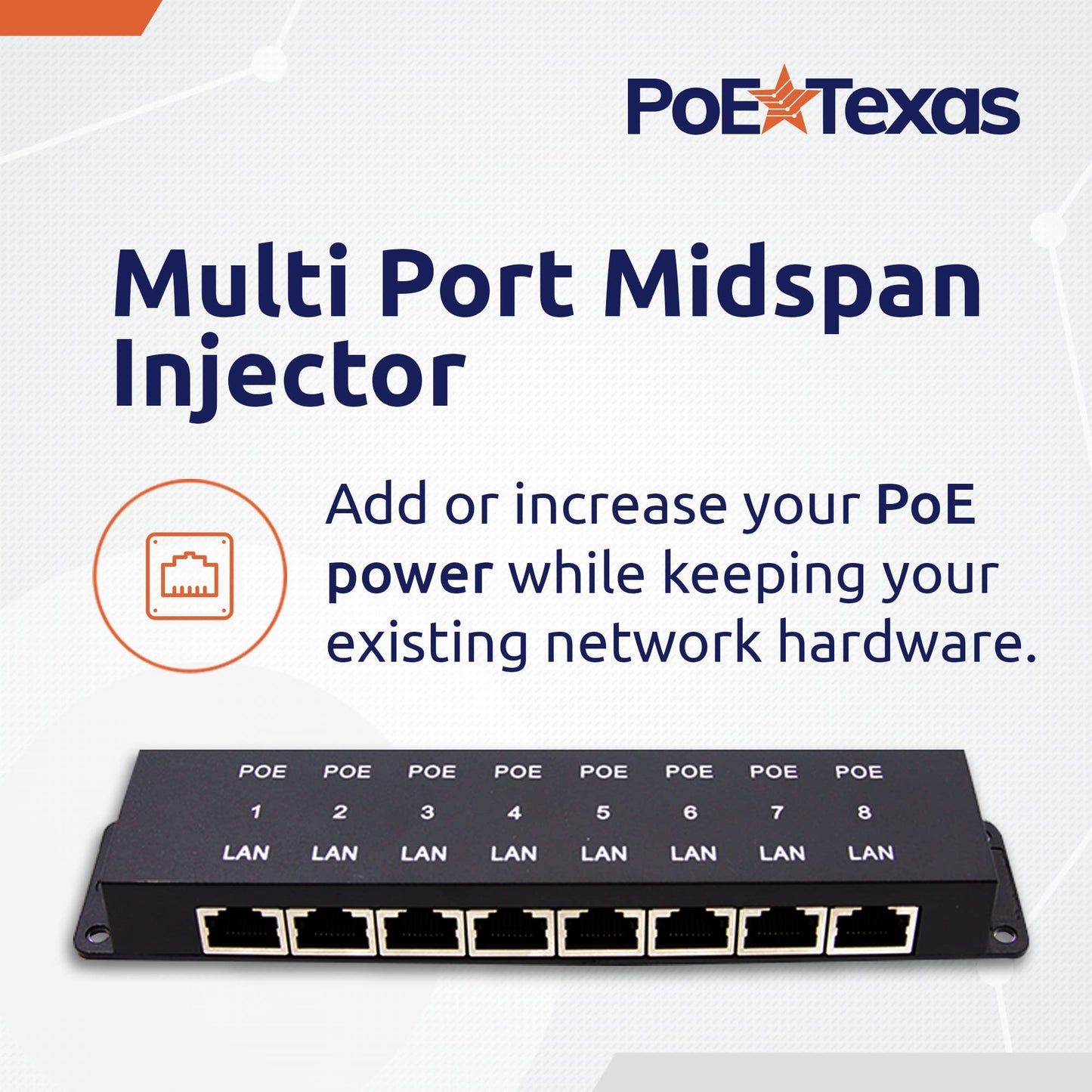 PoE Texas 8 Port Injector - 10/100 Passive Power Over Ethernet With 48V 60W UL Power Supply - 802.3af for VoIP Phones, WiFi Access Points, IP Cameras