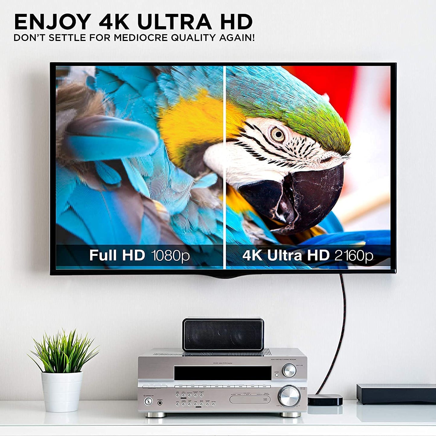 4K HDMI 2.0 Cable 1 ft. by RitzGear. 18 Gbps Ultra High Speed Braided Nylon Cord & Gold Connectors - 4K@60Hz/UHD/3D/2160p/1080p/ARC & Ethernet.