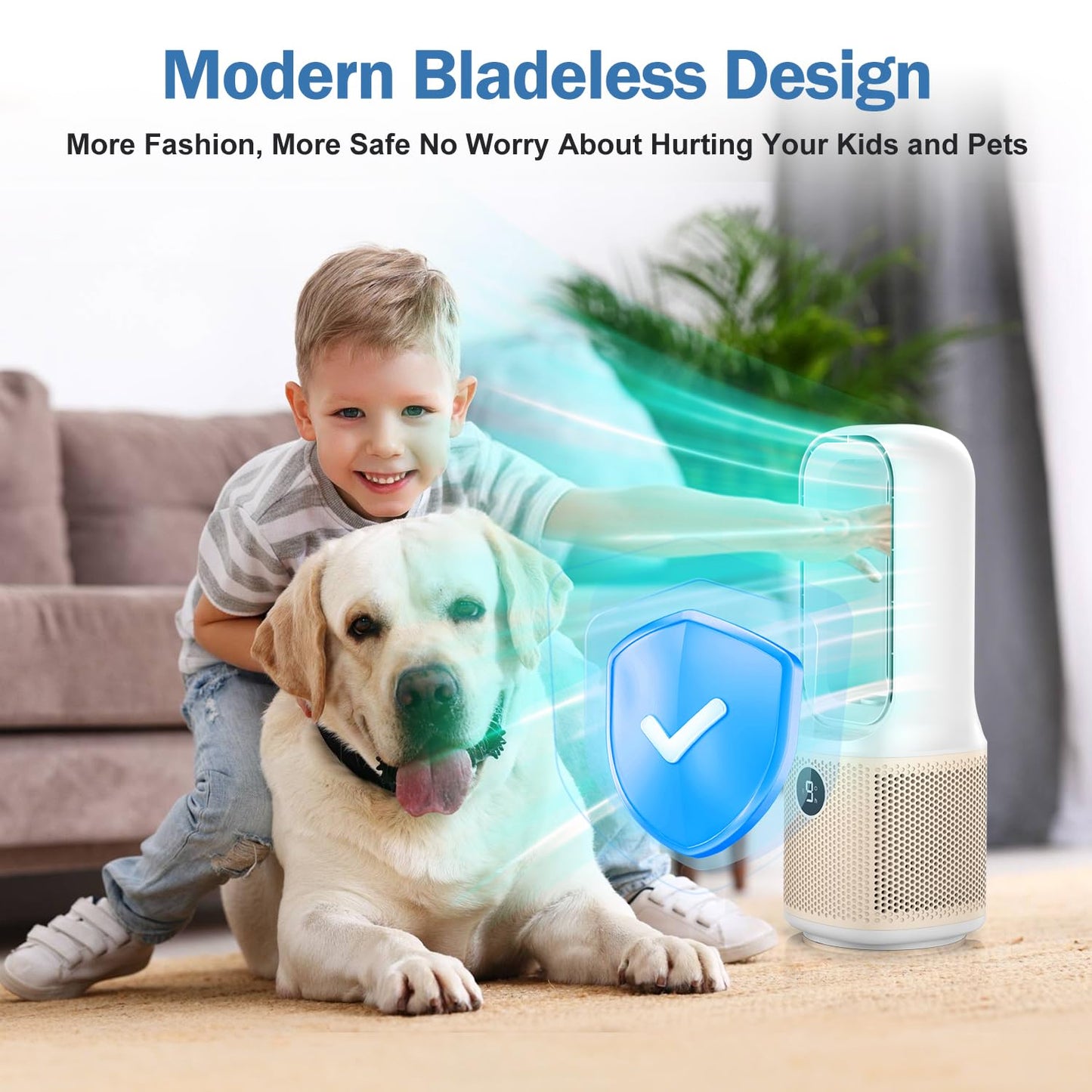 Small Bladeless Desk Fan Quiet, 14 Inch USB Rechargeable Table Fan with 5000mAh Battery, 60° Oscillating 9 Speeds Touch Control, 3 Light Modes, Mini