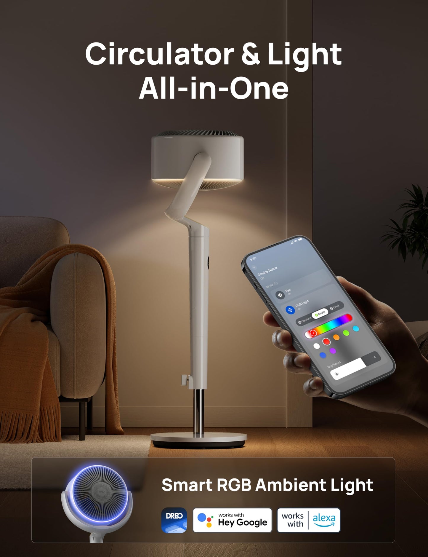 DREO Smart Fan for Bedroom, 120° +120° Omni-Directional Oscillating Fans, 100ft Quiet Pedestal Fan with RGB Light, 9 Speeds, 6 Modes, 8H Timer
