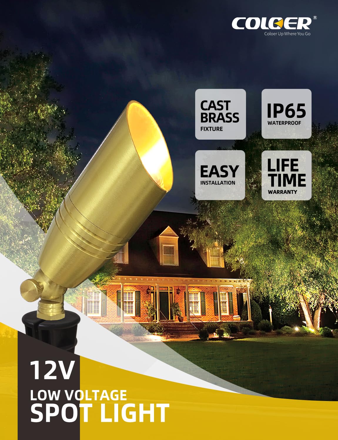 COLOER Die-cast Brass Landscape Spotlight 1-Pack with 5W Aluminum Housing LED MR16 Bulb,12V AC/DC Low Voltage Copper Outdoor Lighting, Directional