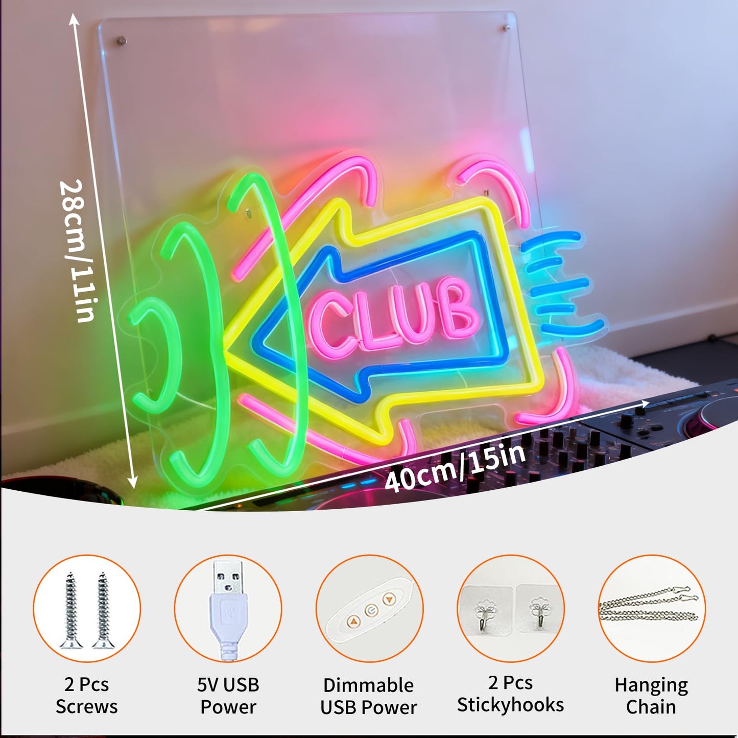 Club Arrow LED Neon Sign, Nightclub Bar Decor Pub Lounge Sign USB Powered Decorative Neon Light for Party Entrance Home Living Room Wall Table Accent