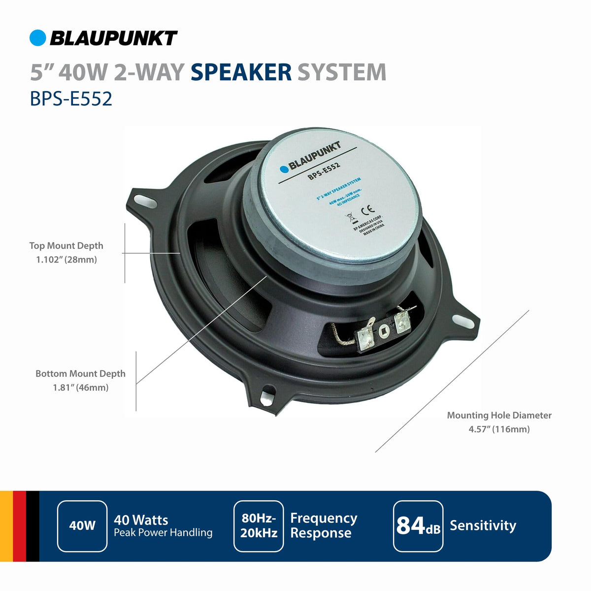 BLAUPUNKT BPS-E552 5" 2-Way Car Speakers 80W with Grilles - Superior Sound Clarity, Durable Design, Easy Install - Pair Bundle with Gravity Magnet Phone Holder