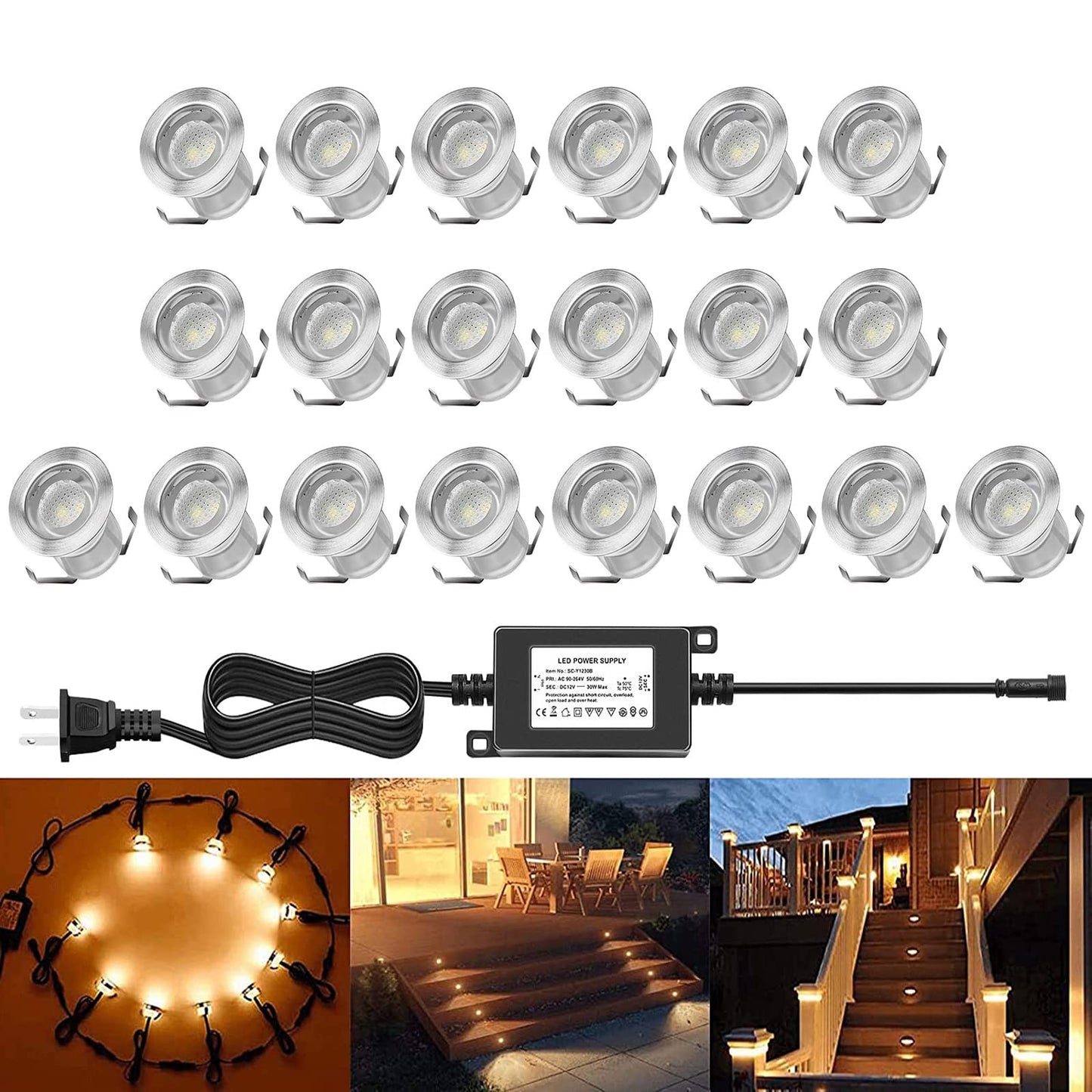 QACA Recessed LED Deck Lighting Kits 12V Low Voltage Warm White Waterproof IP67,Led In Ground Lighting for Steps,Stair,Patio,Floor,Pool