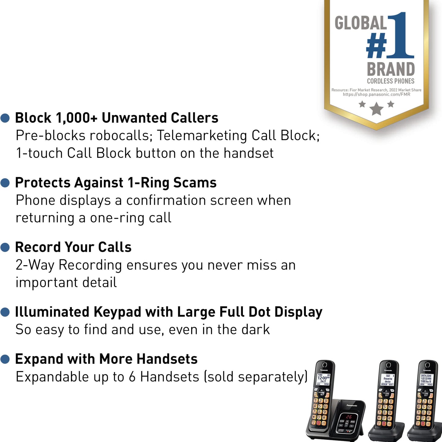 Panasonic Cordless Phone with Answering Machine, Advanced Call Block, Bilingual Caller ID and High-Contrast Display, Expandable System with 3 Handset