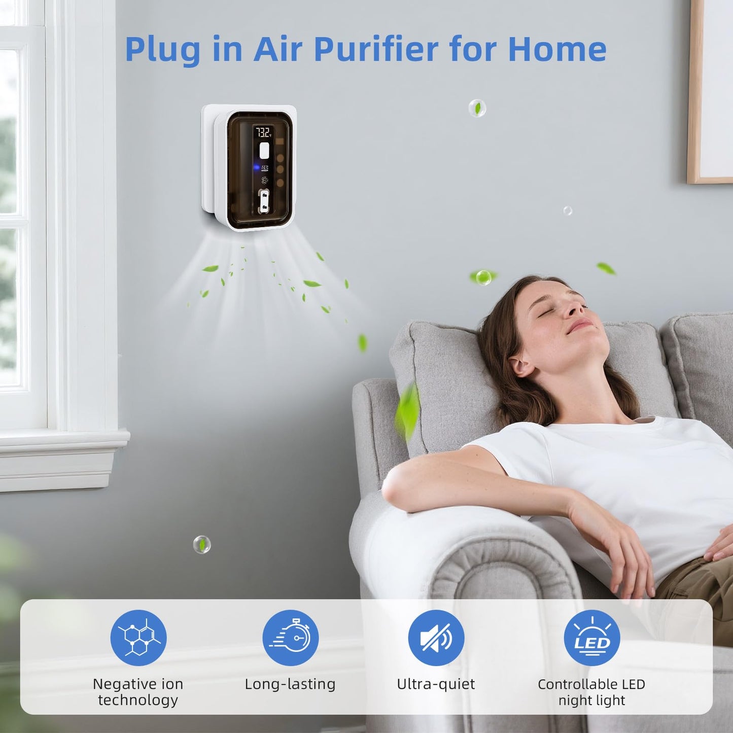 Plug-in Negative Ion Air Freshener, Compact Portable Design, Low Noise Ion Freshener for Pet Bedroom Office Kitchen