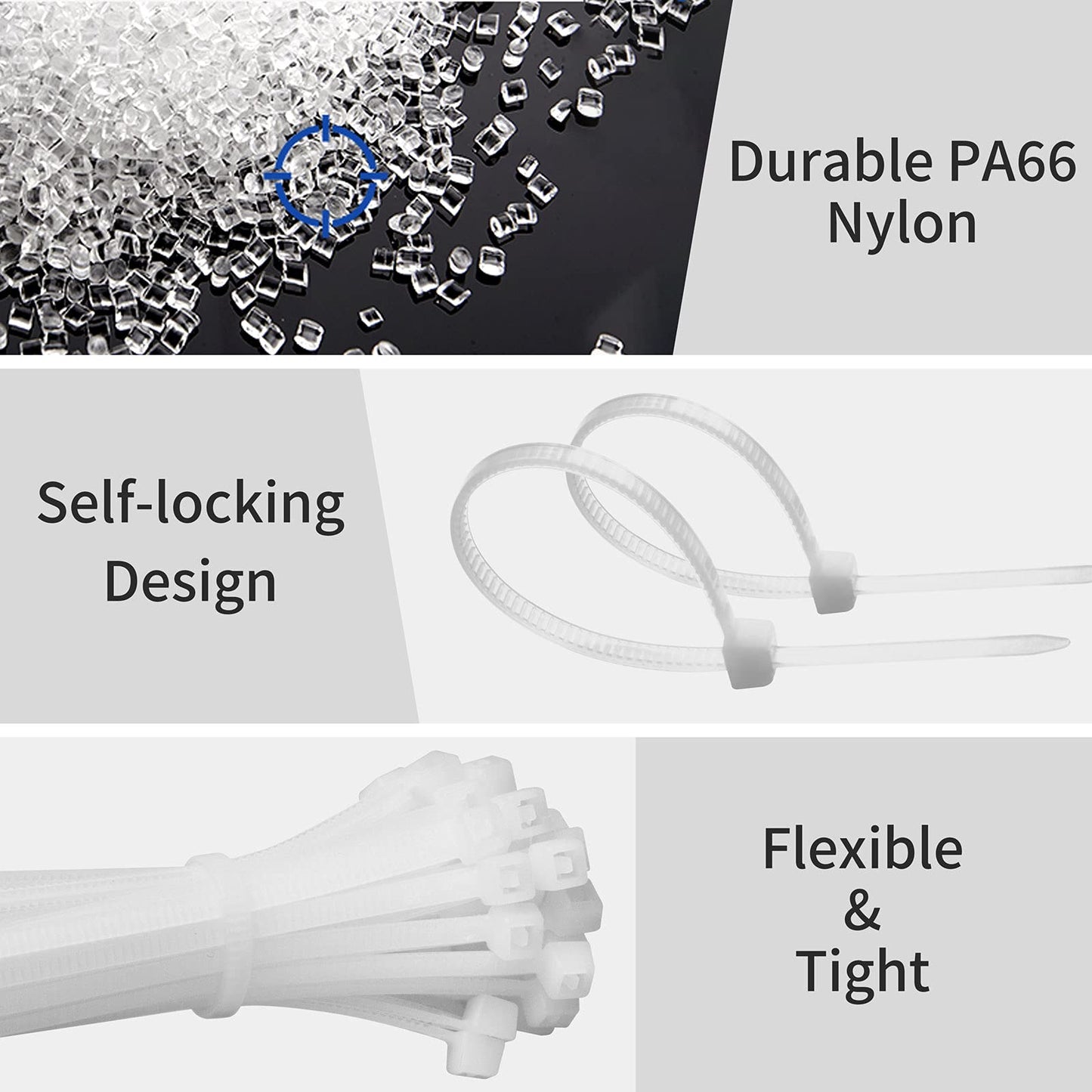 Small Zip Ties,White Zip Ties 8 Inch 100 Pack, Nylon Cable Ties Self Locking Tie Straps, Heavy Duty clear zip ties, Tiny Cable Ties for Indoor