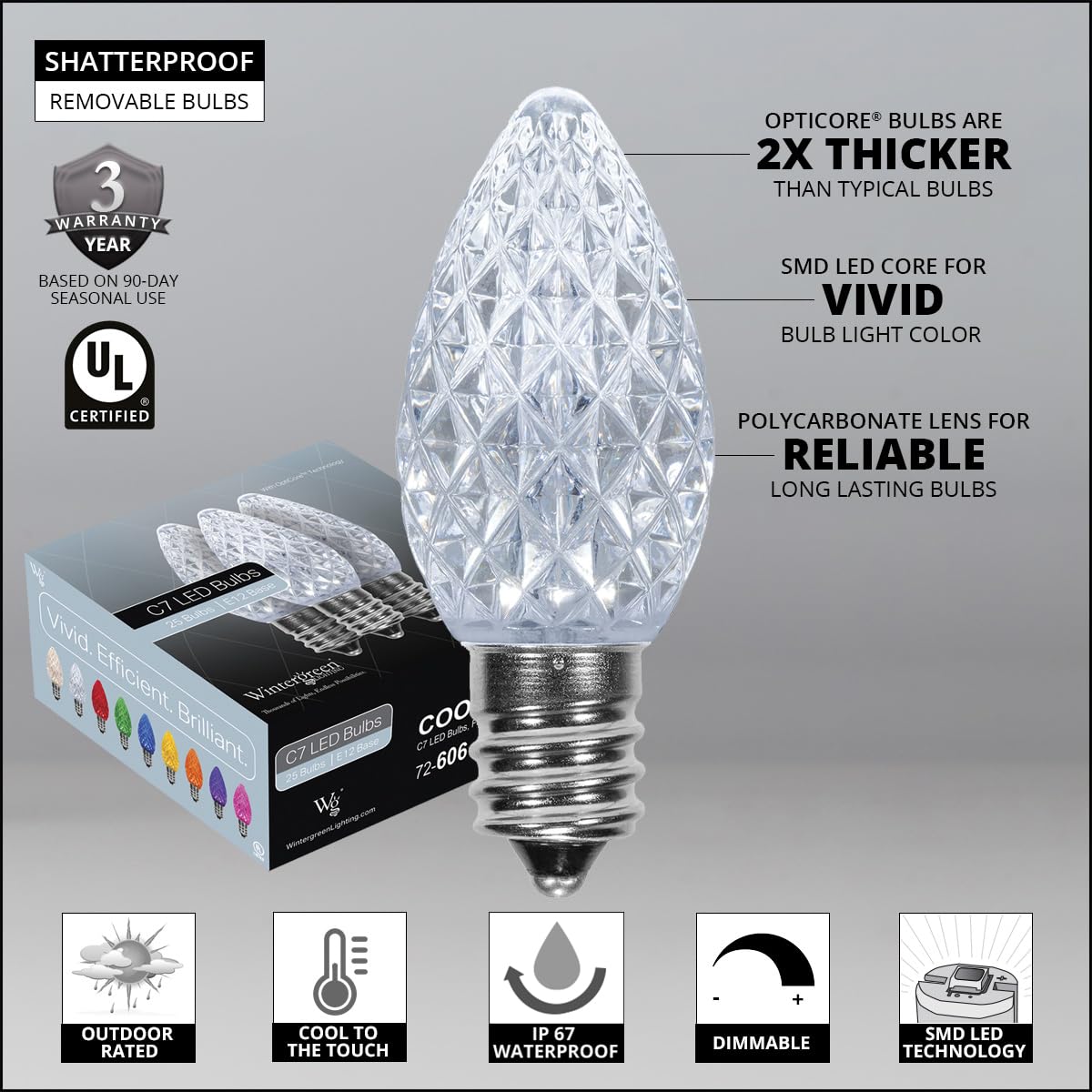 Wintergreen Lighting OptiCore C7 LED Bulbs - 25 Pack Heavy Duty Premium Outdoor Christmas Lights, E12 Base (Cool White Faceted)