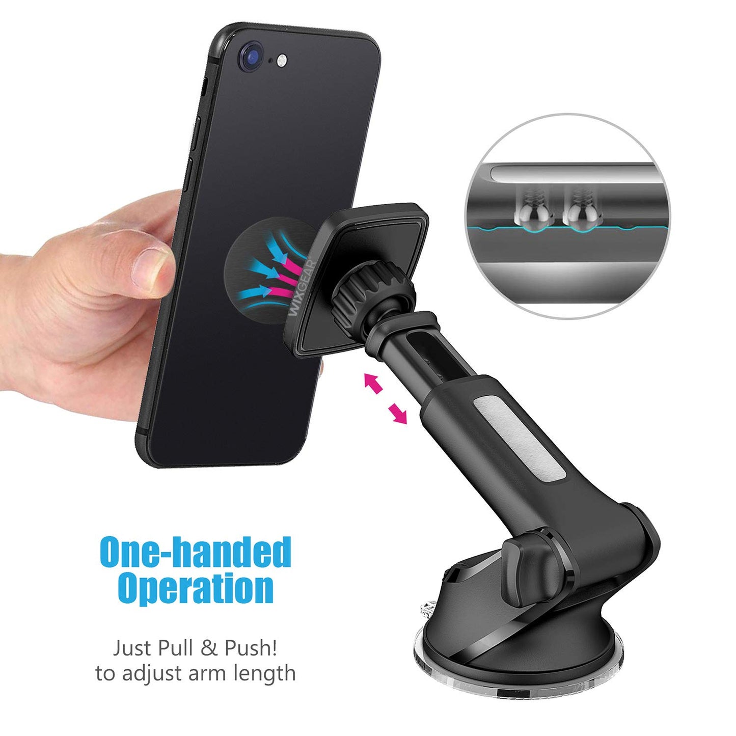 WixGear Magnetic Car Phone Mount - Universal Holder for Windshield & Dashboard with New Long Telescopic Arm - Compatible with Cell Phones & Tablets
