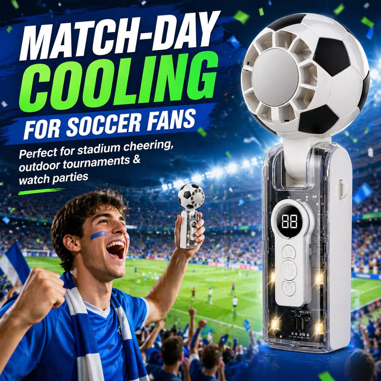 Mini World Cup Ball Fan Handheld Turbo Fan, Rechargeable & Foldable Personal Neck Fan, 4-Mode LED Lights,Up to 12 Hrs,Small Portable Mini Soccer Fan
