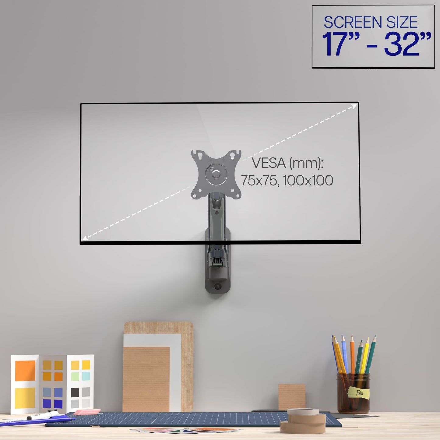 VIVO Height Adjustable Pneumatic Arm Single Monitor Wall Mount, Full Motion Articulating, Fits 17 to 32 inch Screen, Black, MOUNT-V001A