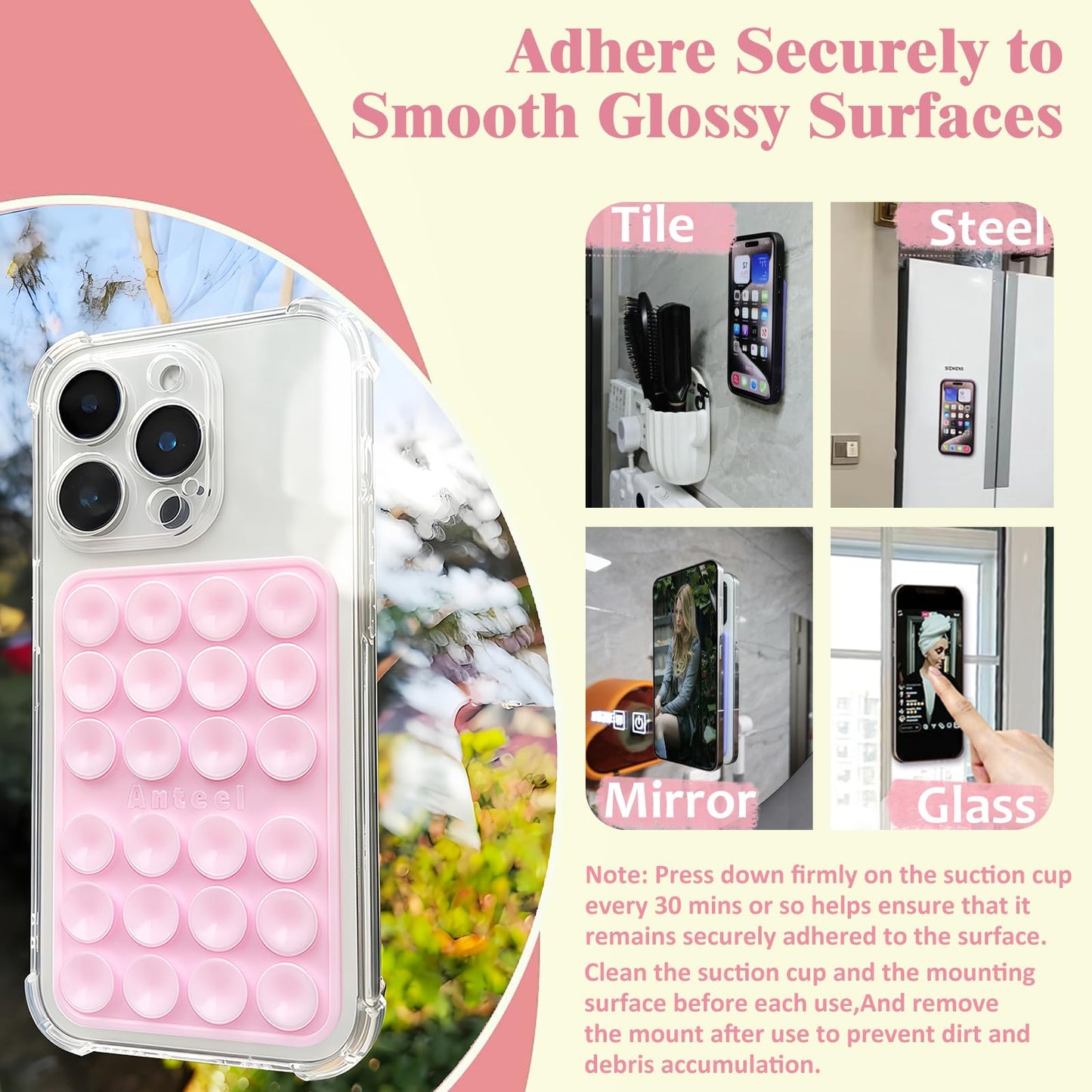 Anteel 4 Pack Silicone Suction Phone Case Adhesive Mount, 2026 Upgraded Thickened & Enhanced Suction Power Hands-Free Sticky Phone Grip Holder, Light