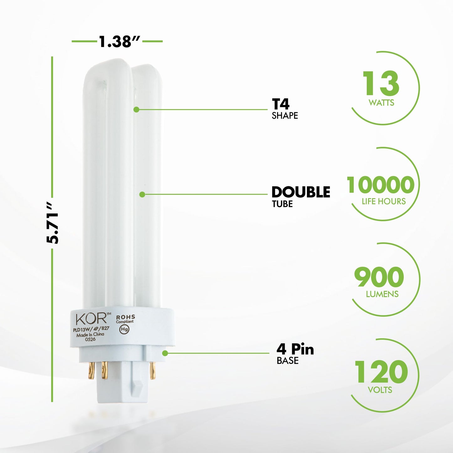 KOR 13W Double Tube CFL Bulbs, G24Q-1 4-Pin, 3500K Neutral White, 4 Pack