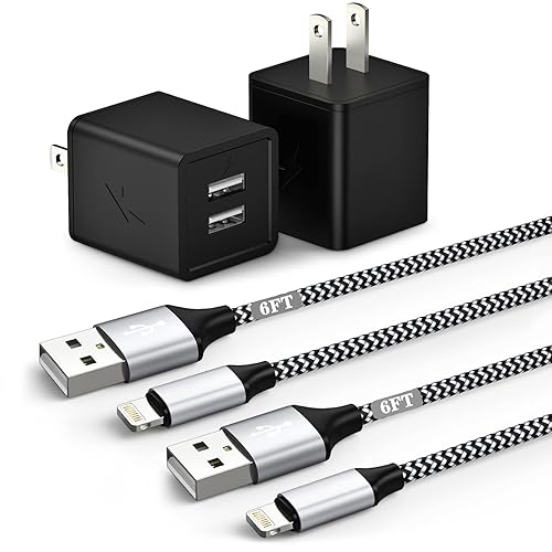 [Apple MFi Certified]iPhone Charger,Dual Port USB Wall Adapter i Phone Charger Block 2.1A 2Pack 6FT Fast Nylon Braided Data Sync Apple Fast Charging…