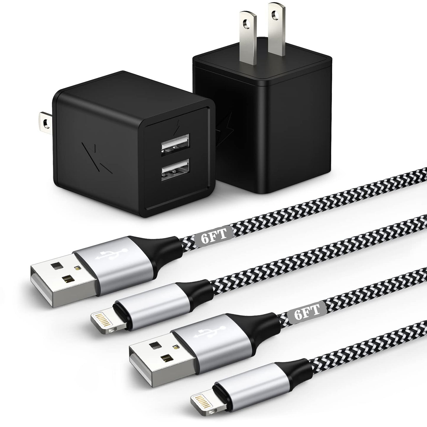 [Apple MFi Certified]iPhone Charger,Dual Port USB Wall Adapter i Phone Charger Block 2.1A 2Pack 6FT Fast Nylon Braided Data Sync Apple Fast Charging…