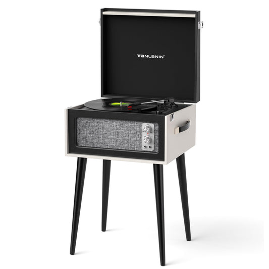 Vintage Standing Black Vinyl Record Player with Detachable Legs, Built-in 4 Speakers, USB to PC Encoding, 33/45/78 RPM LP Player Bluetooth Retro