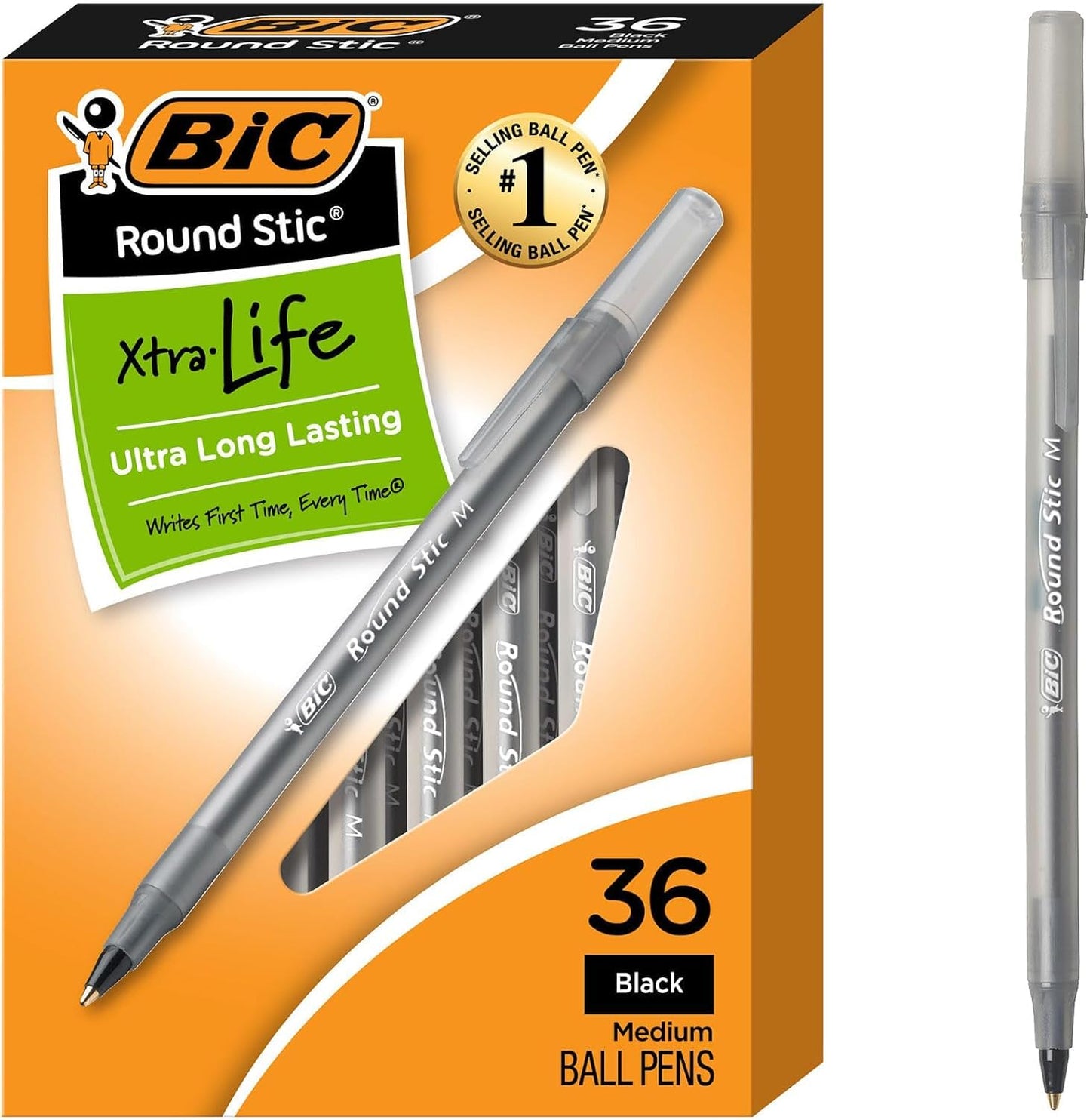 BIC Round Stic Xtra Life Black Ballpoint Pens, Medium Point (1.0mm), 36-Count Pack of Bulk Pens, Flexible Round Barrel for Writing Comfort, No. 1