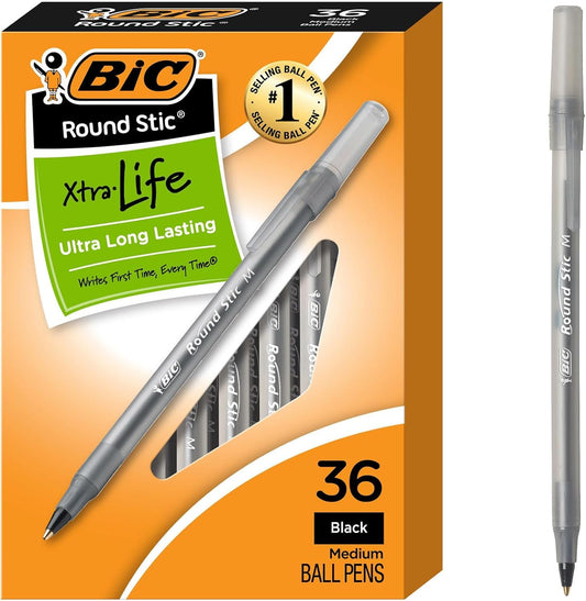 BIC Round Stic Xtra Life Black Ballpoint Pens, Medium Point (1.0mm), 36-Count Pack of Bulk Pens, Flexible Round Barrel for Writing Comfort, No. 1