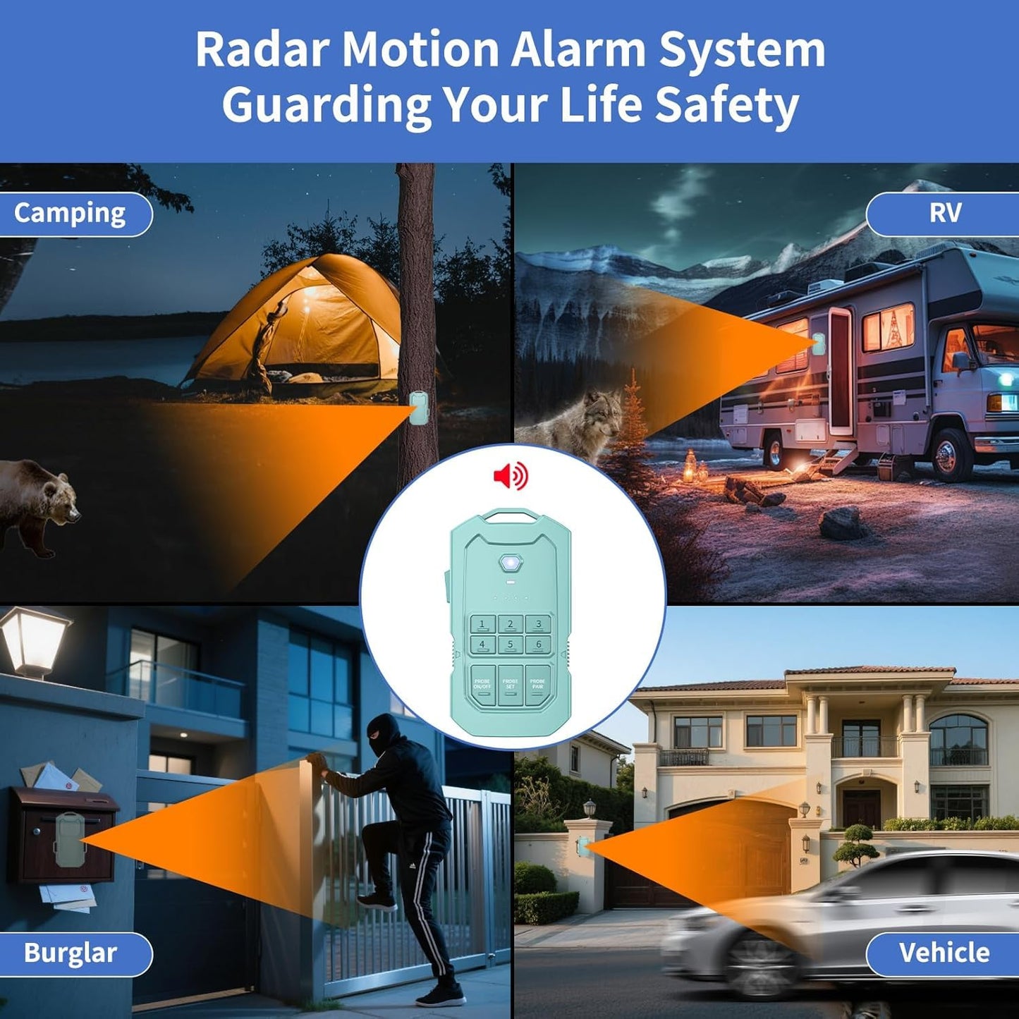 Outdoor Radar Motion Sensor Alarm - Wireless Security System for Camping, RV & Off-Grid Use, 1/2 Mile Range, Customizable Detection Area, IP66