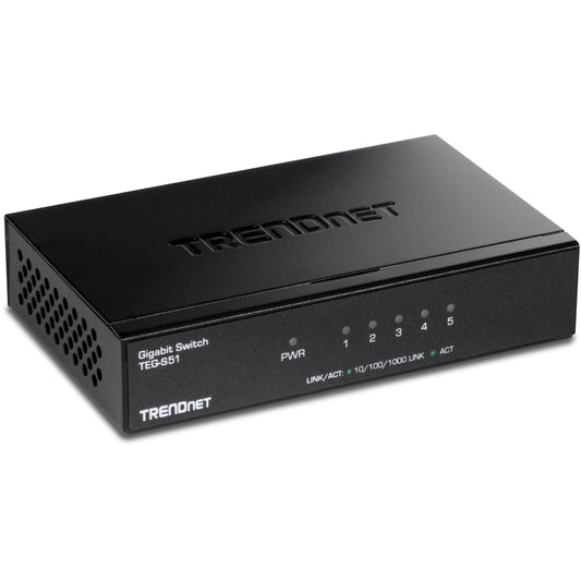 TRENDnet Gigabit Desktop Switch, TEG-S51, 5 x Gigabit RJ-45 Ports, Ethernet Splitter, 10Gbps Switching Capacity, Fanless Design, Metal Enclosure