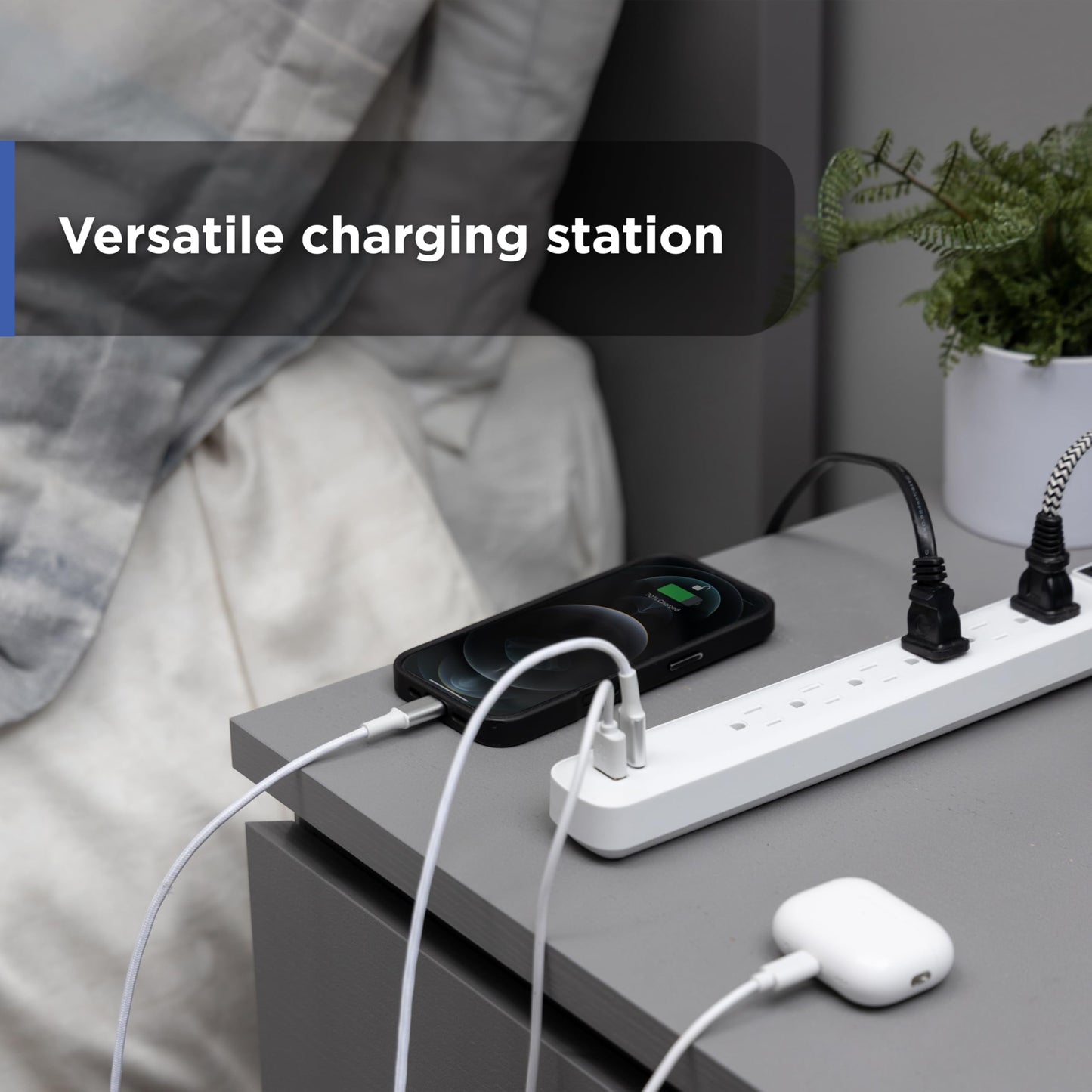 GE 6-Outlet Power Strip with USB, 1 USB-A & 1 USB-C Port, 4ft Braided Extension Cord, Circuit Breaker, Wall Mountable, ETL Certified, White, 85706