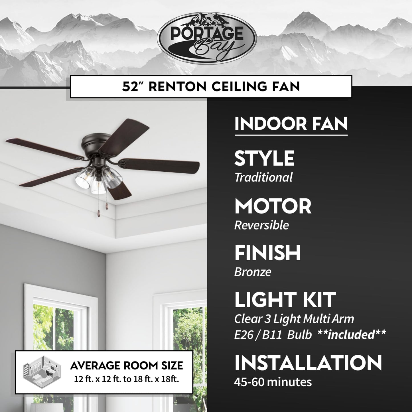 Portage Bay Ceiling Fans 52" Renton Bronze Indoor Fan with Clear 3 Light LED Multi Arm; E26/B11 Bulb and Pull-Chains, Traditional Style, 5 Reversible