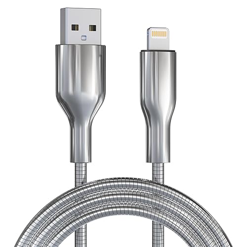 6FT Chew Proof iPhone Charger Cord - MFi Certified Silver Metal Braided USB to Lightning Cable, Metal Dog Cat Chew Proof iPhone Charging Cord…