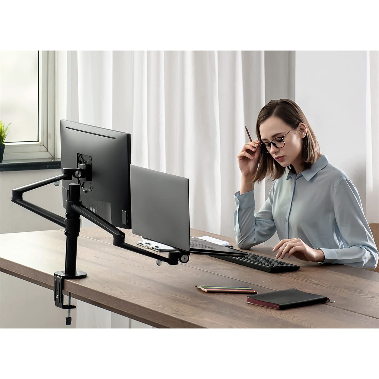 Viozon Monitor and Laptop Mount, 2-in-1 Adjustable Dual Arm Desk Mounts Single Desk Arm Stand/Holder for 17 to 32 Inch LCD Computer Screens, Extra
