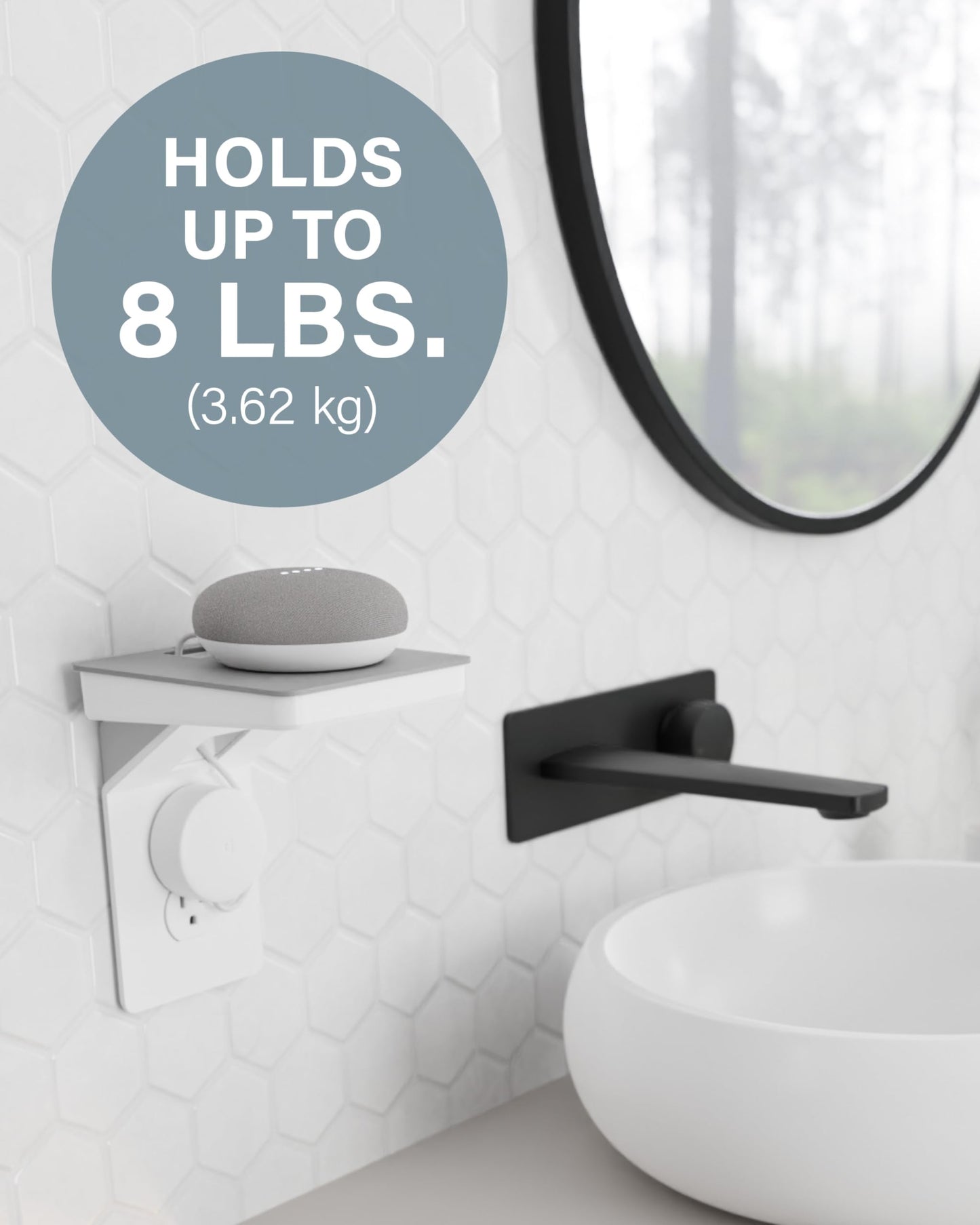 Sanus Made for Google Small Device Outlet Shelf in White & Fog Grey - Holds Small Electronics Up to 8lbs w/Built-in Cord Storage - Includes Both