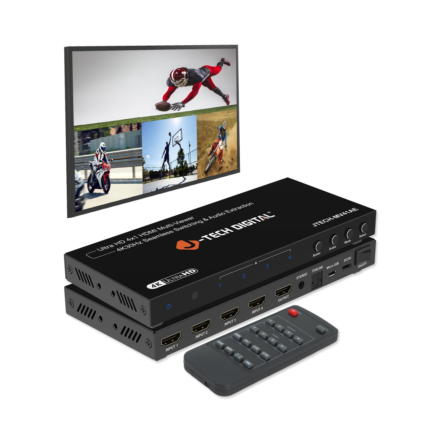 J-Tech Digital 4K HDMI Multiviewer Switch 4 in 1 Out, 4x1 4K 30Hz HDMI Quad Multiviewer Seamless Switcher with PiP, 6 Viewing Modes, Audio Extraction