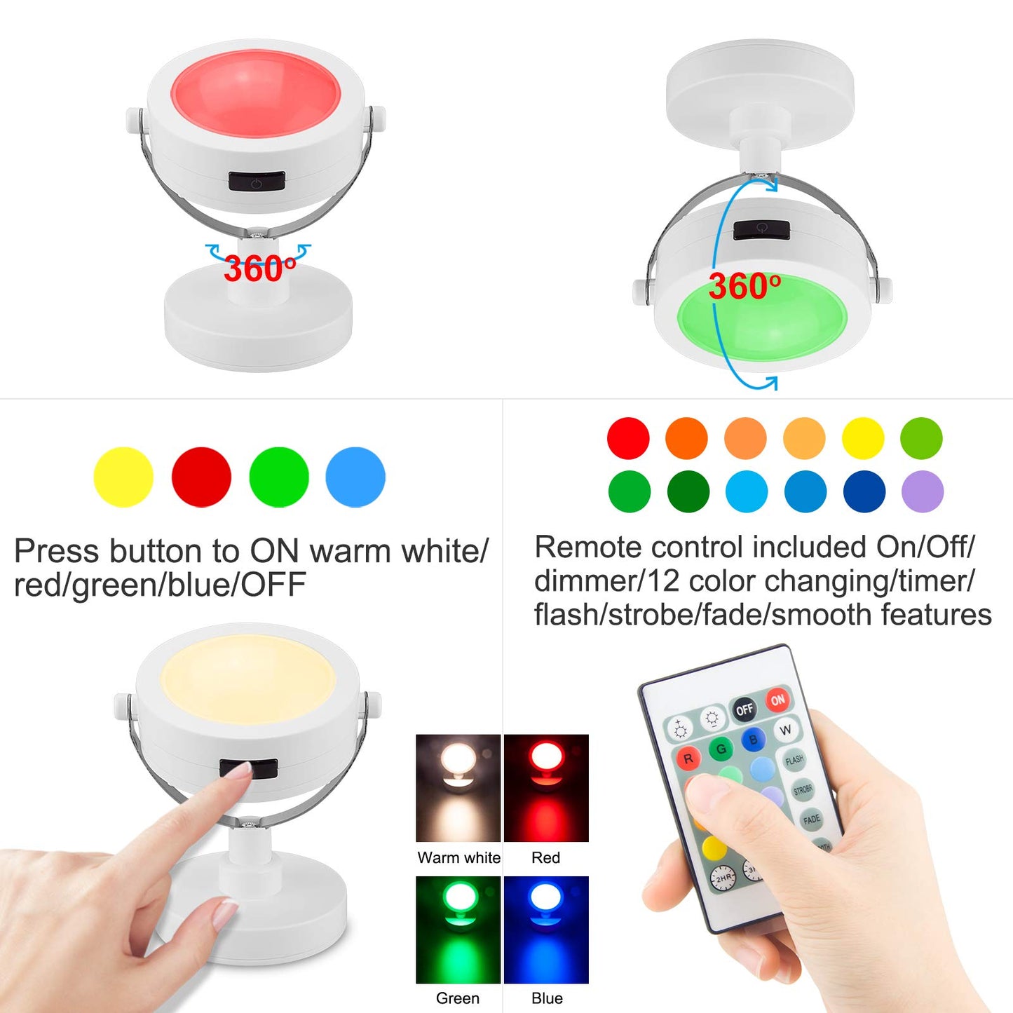 LUXSWAY Accent Lights LED Indoor SpotLights with 360° Rotate Head Puck Lights with 12 Color Changing Up Down Light Stick on for Dart Board Artwork