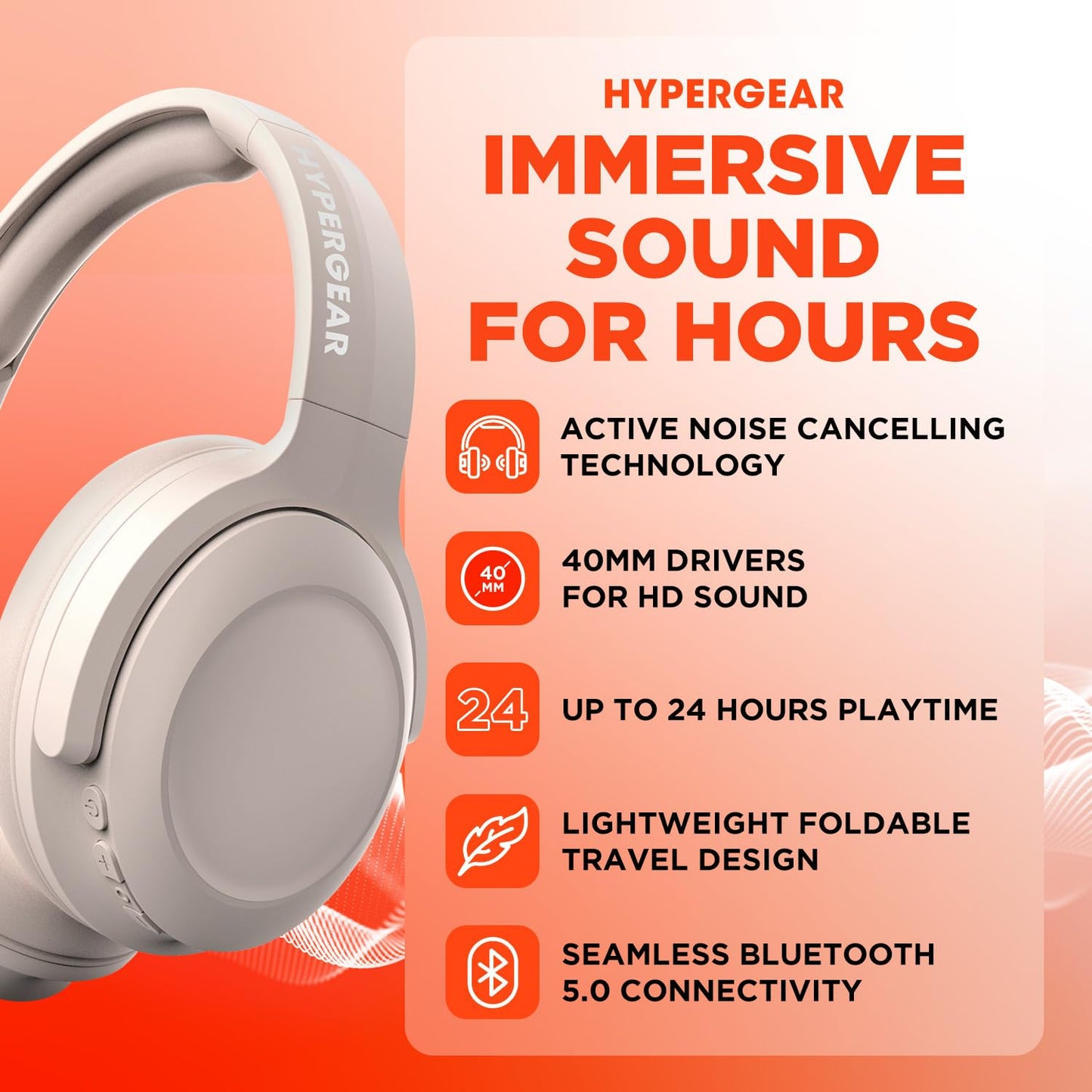 HyperGear Headphones Wireless - Bone Active Noise Cancelling Headphones Over Ear Bluetooth HD Audio Deep Bass Dual Noise Canceling Mics ANC Gym…