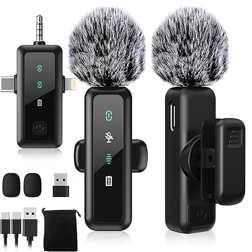 BILIWAL Wireless Lavalier Microphone, Noise Cancelling Lapel Recording Entry-Level 2 Pack Mics, 3IN1 Port for Most Devices