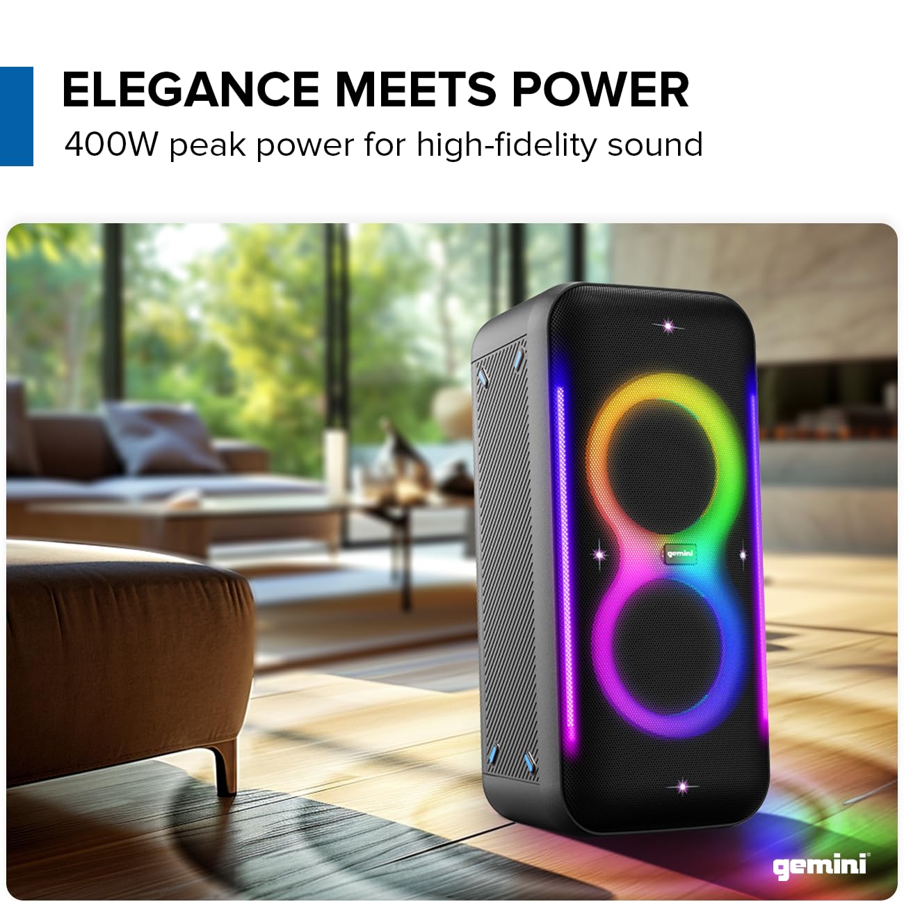 Gemini UltraRave Duo Bluetooth Party Speaker with Dual 6.5" Woofers, LED Lights, Wireless Mic, and Stereo Pairing for Indoor & Outdoor Events