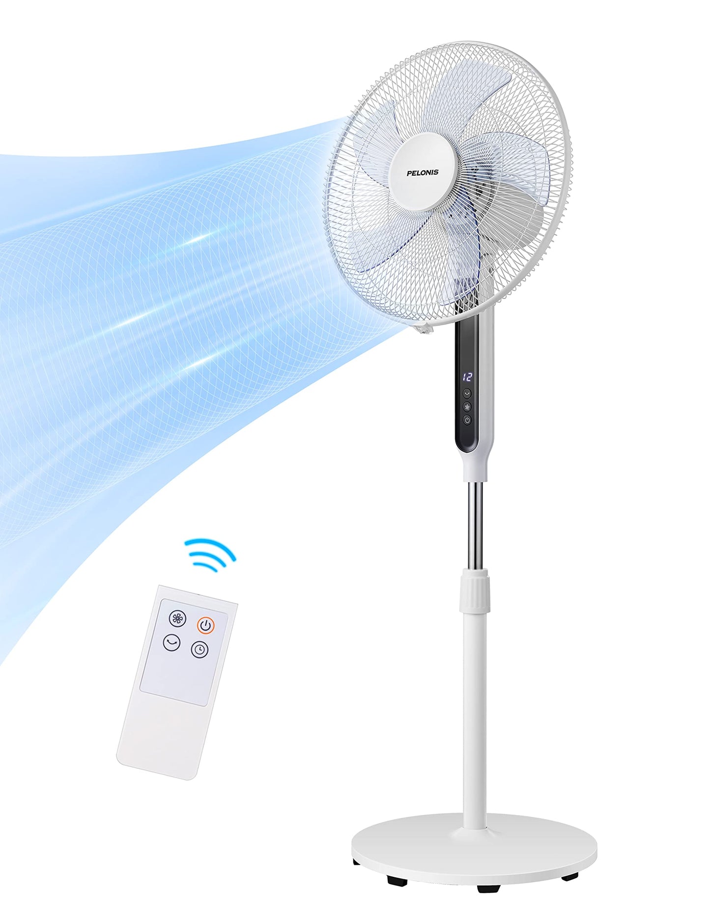 PELONIS 16" Oscillating Pedestal Stand Up Fan | Adjustable Height | Ultra Quiet DC Motor | Remote Control | 12 Speed | 12-Hour Timer | High Energy