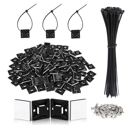 Black Zip Ties Mount, 100 Set 3/4" Adhesive Zip Tie Mount with Screws, Sturdy 8" Outdoor Cable Zip Ties, Cable Clips Management, Sticky Wire Holders